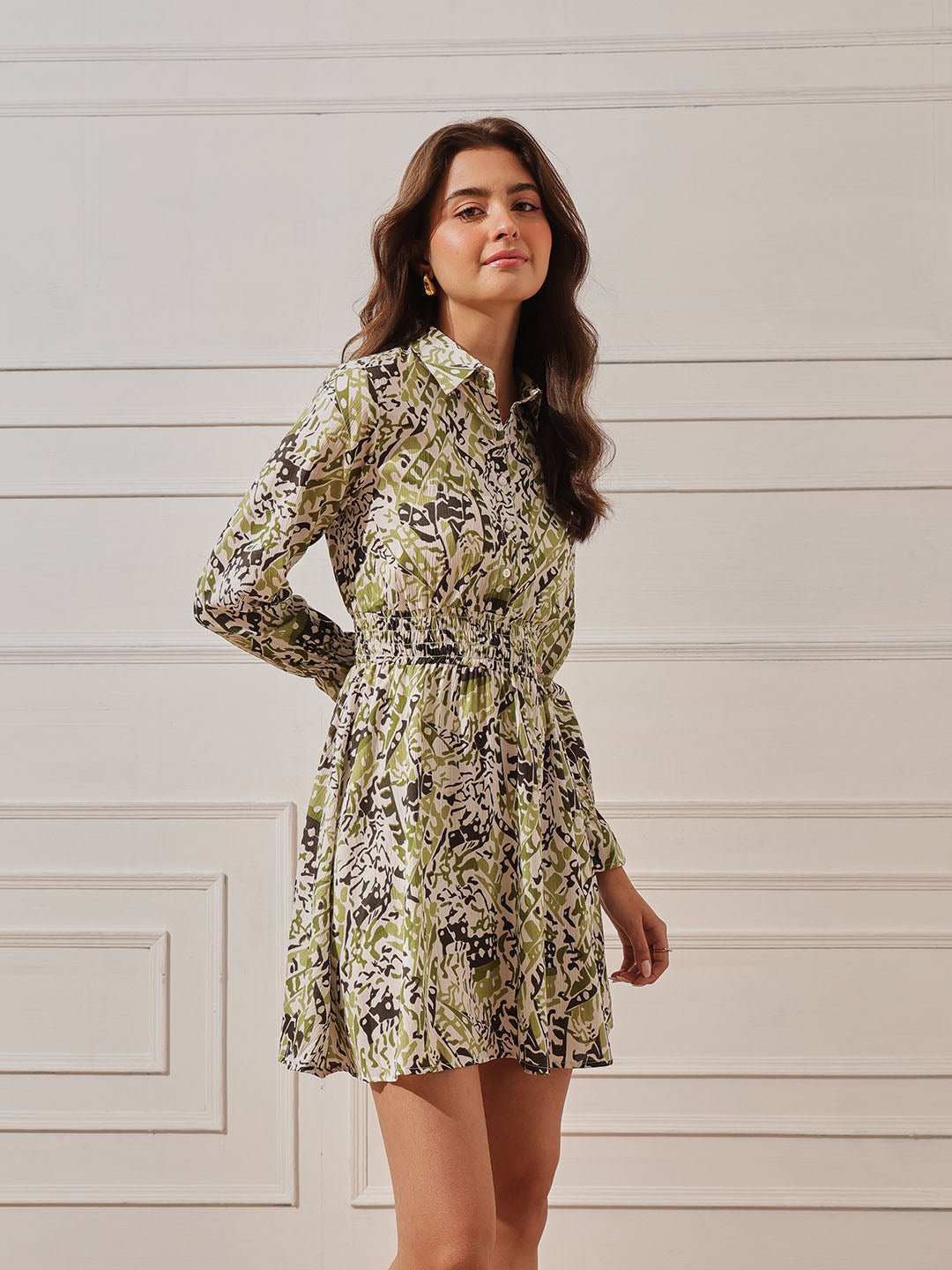 Green Printed Collared Shirt Mini Dress