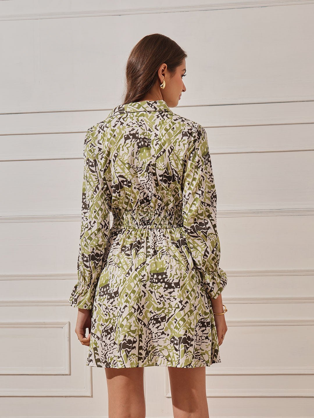 Green Printed Collared Shirt Mini Dress