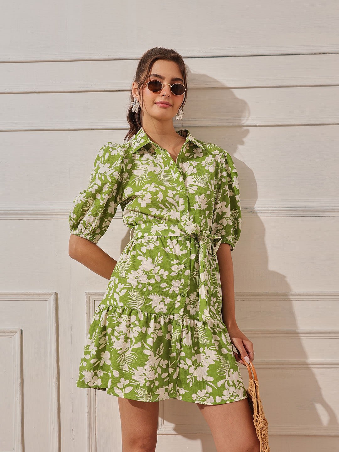 Green Printed Collared Tiered Mini Dress