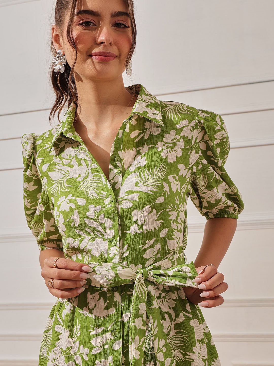 Green Printed Collared Tiered Mini Dress