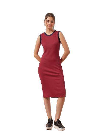 Red Solid Round Neck Sheath Knee length Dress