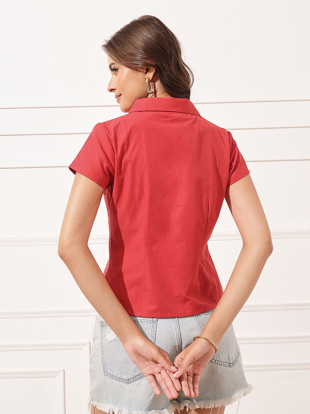 Red Solid Short Sleeves Fitted Shirt