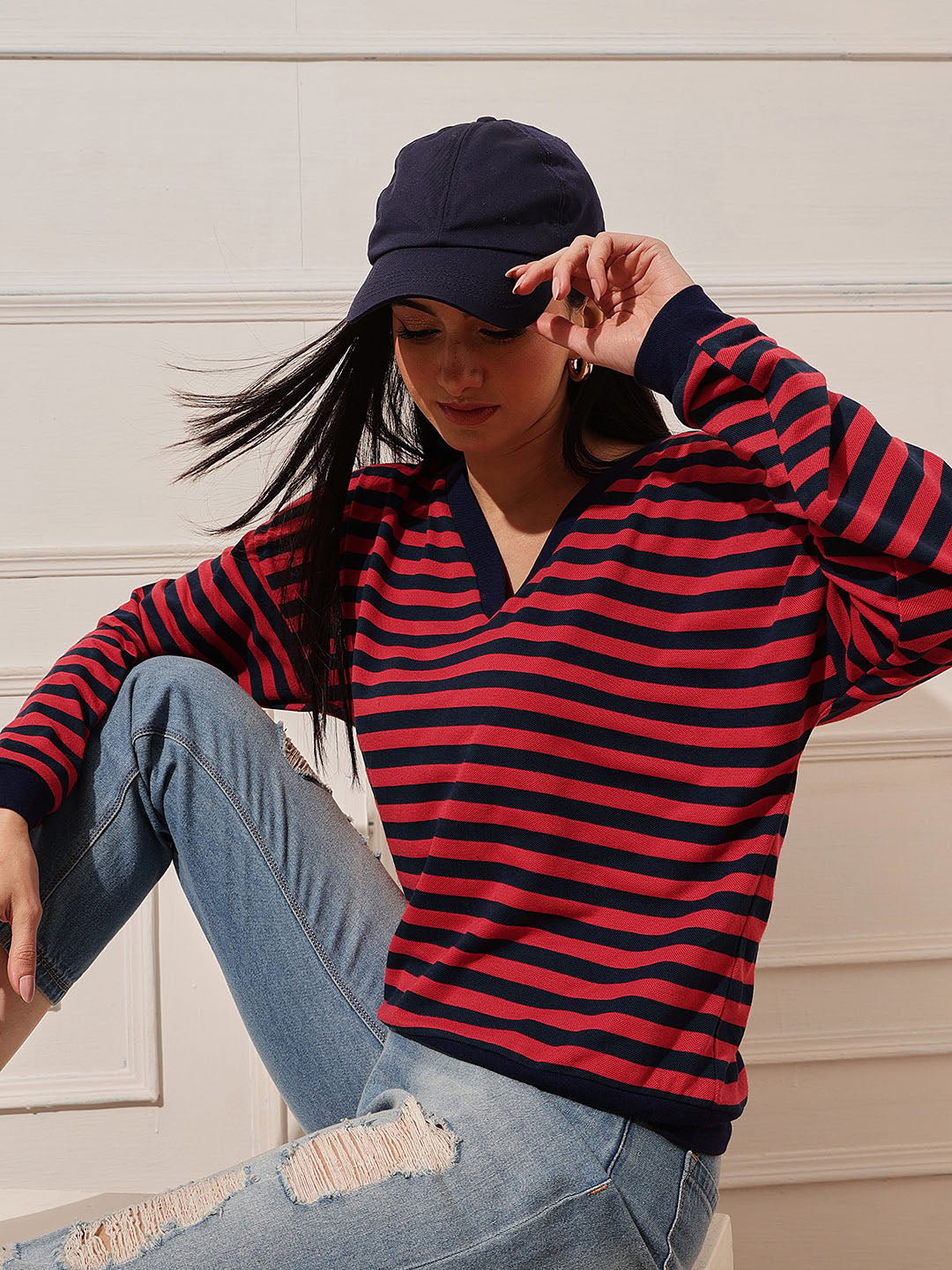 Red Striped V Neck Top