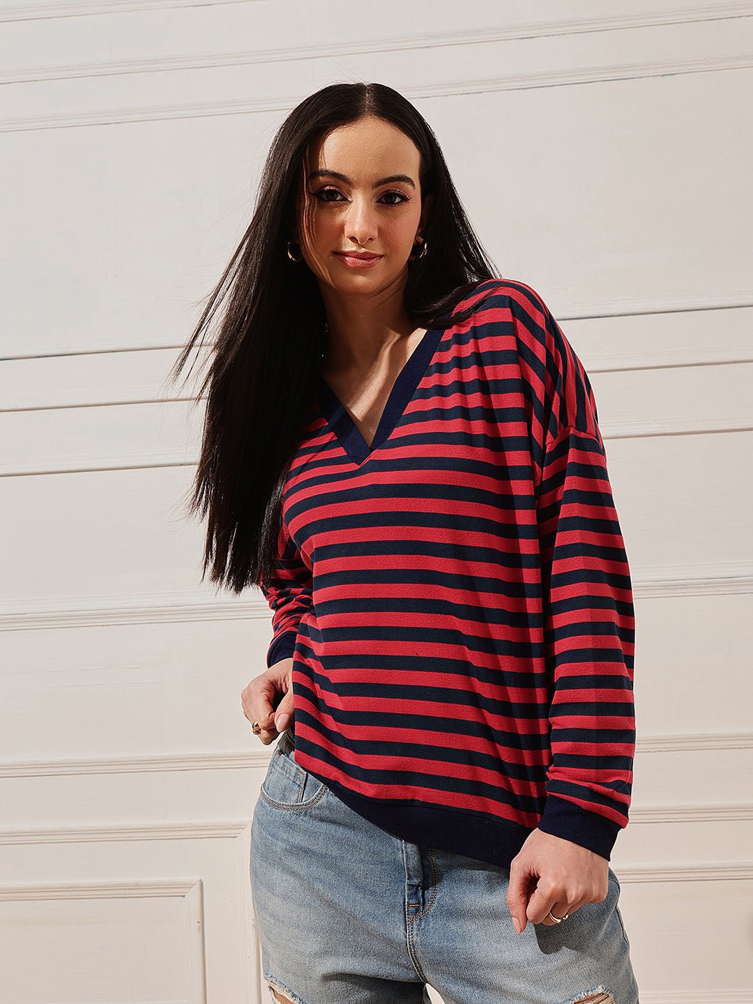 Red Striped V Neck Top