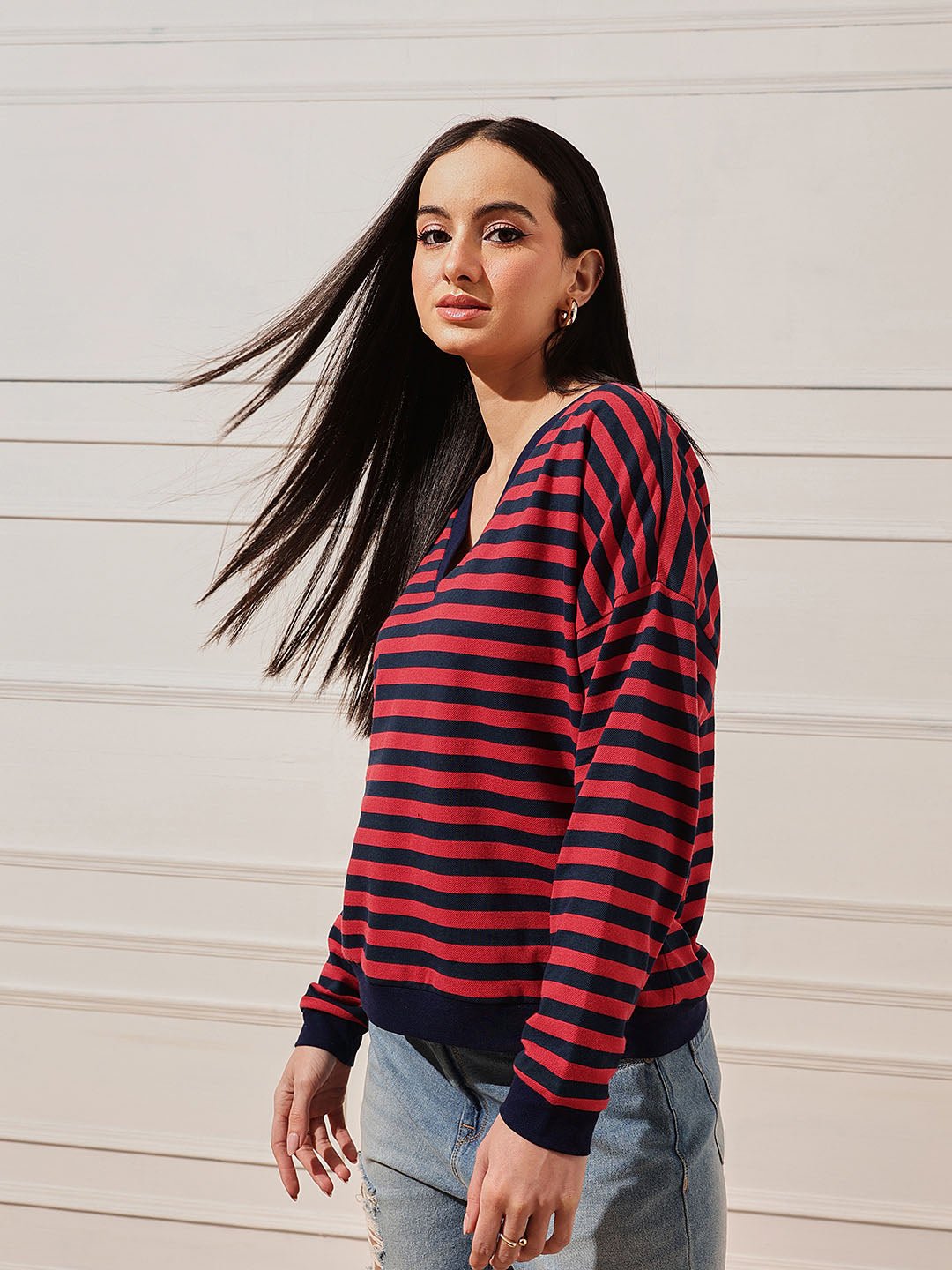Red Striped V Neck Top