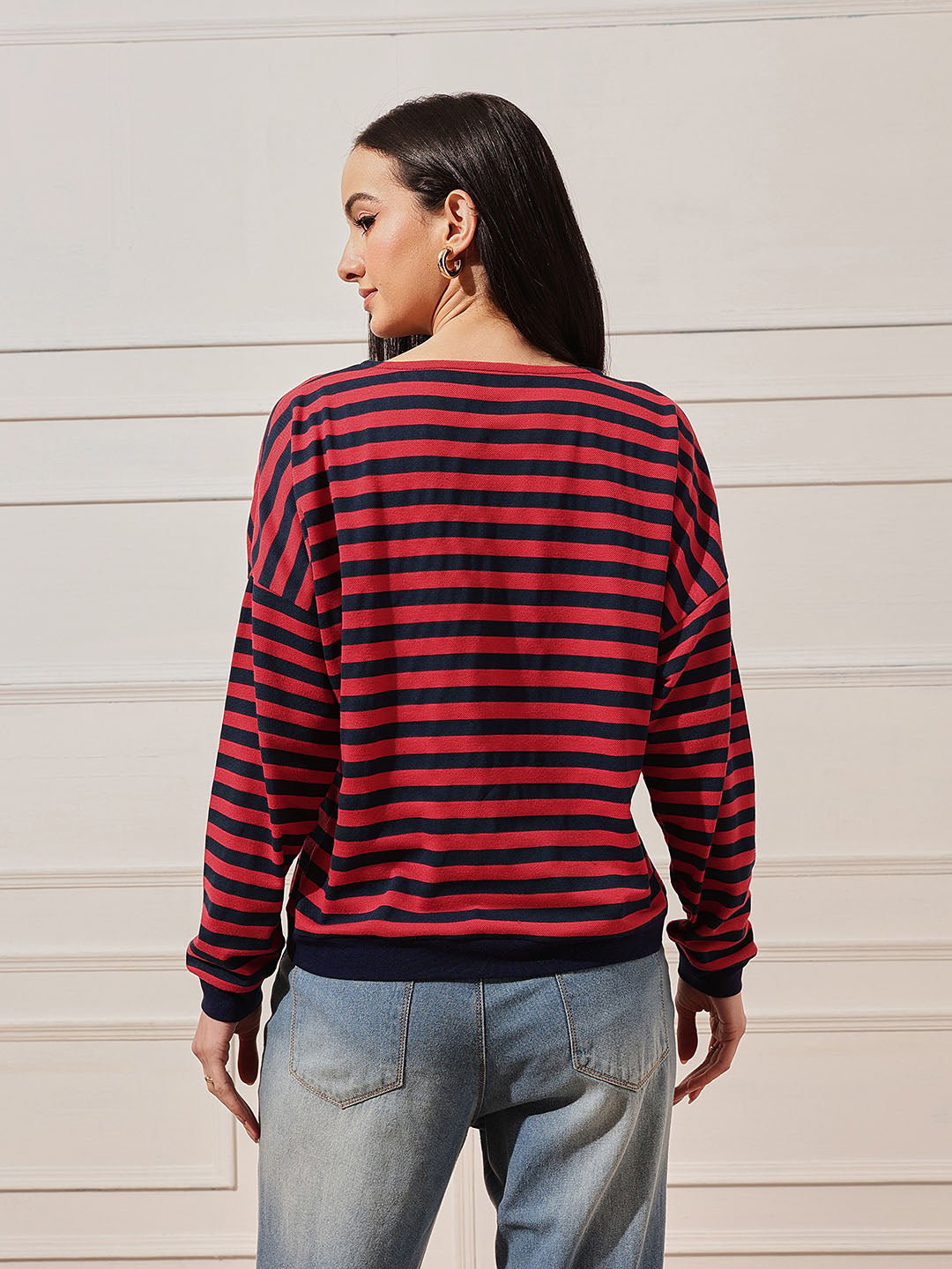 Red Striped V Neck Top