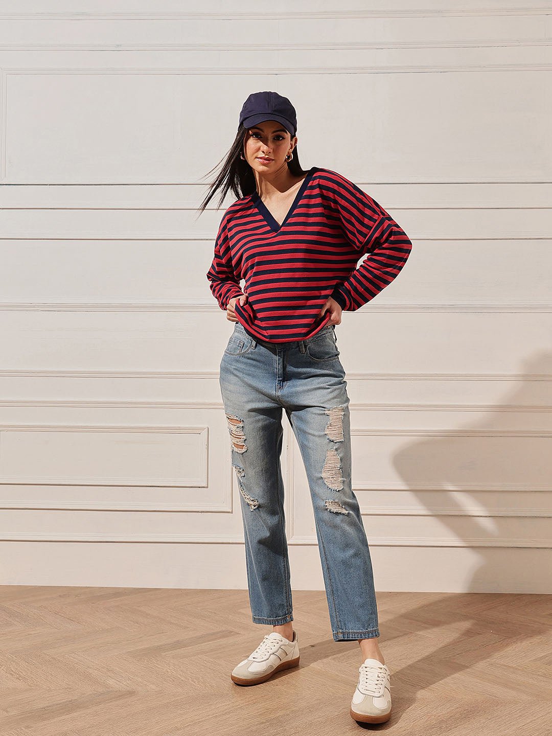 Red Striped V Neck Top
