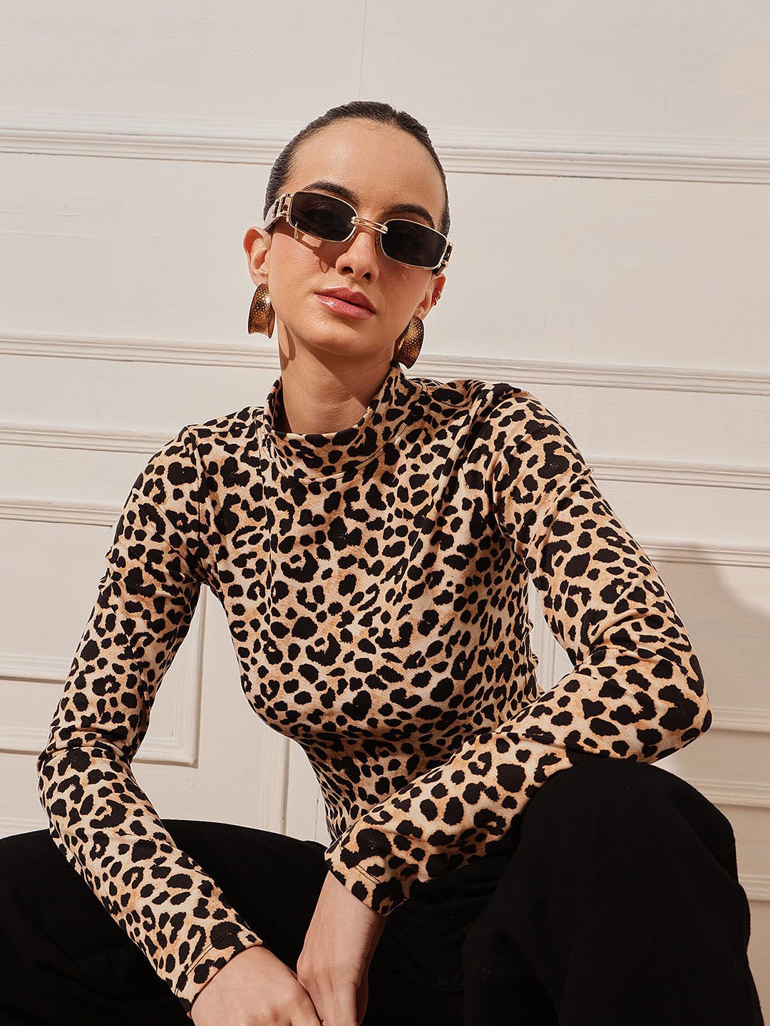 Brown Animal Print High Neck Top