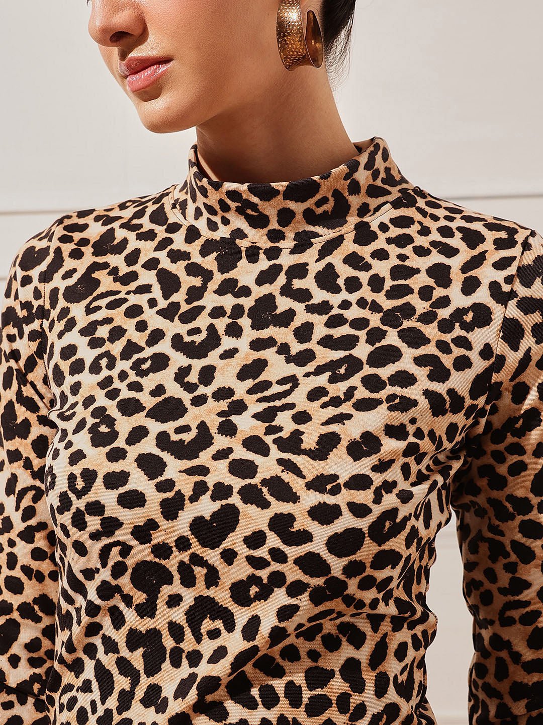 Brown Animal Print High Neck Top