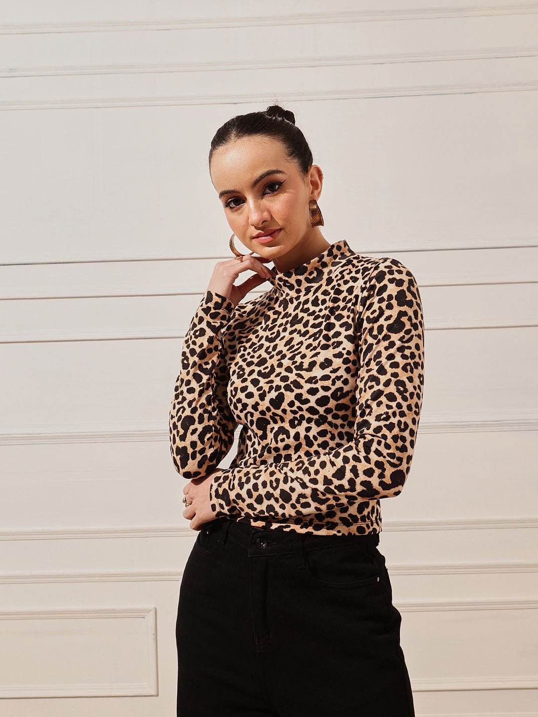 Brown Animal Print High Neck Top