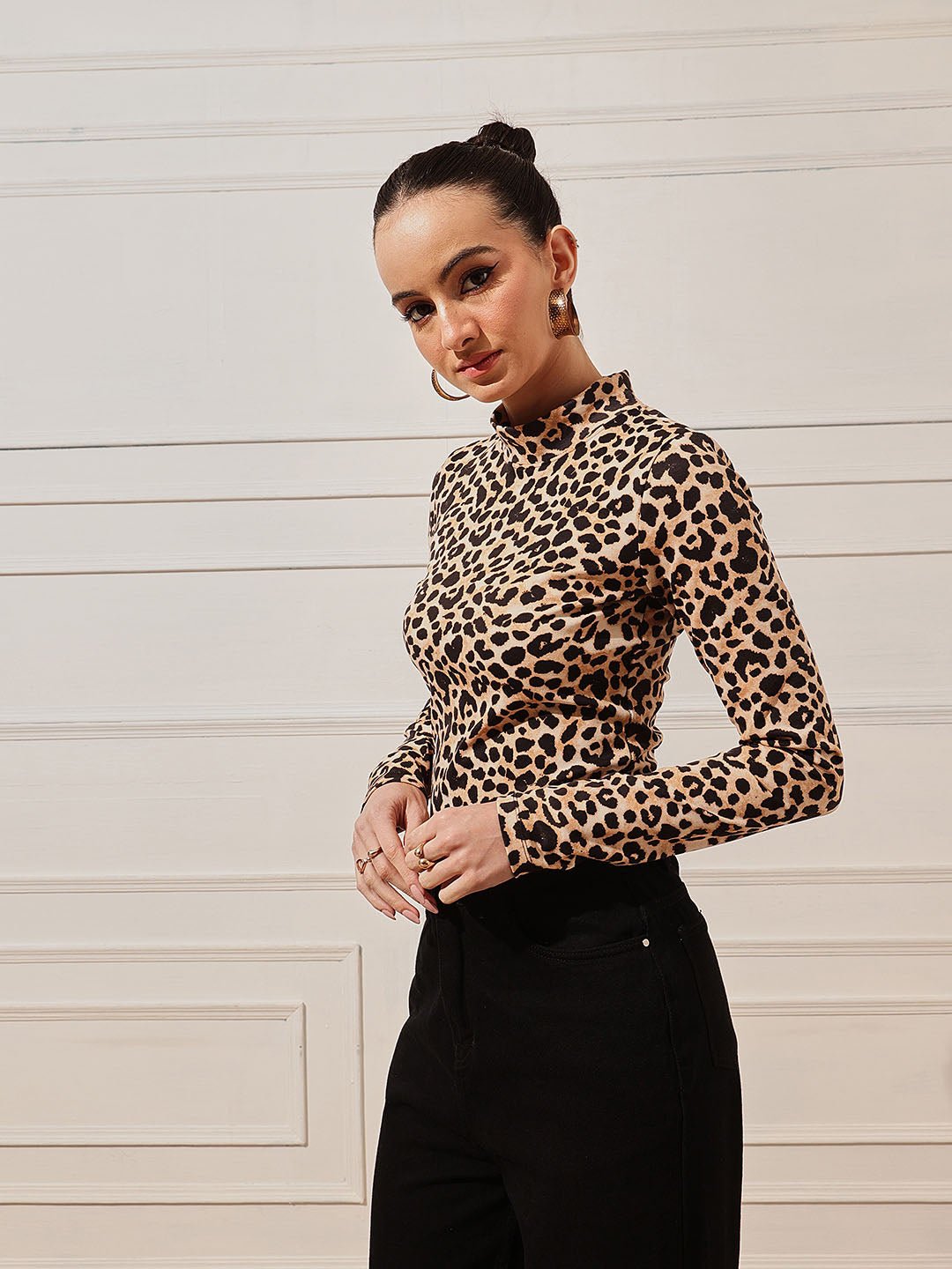 Brown Animal Print High Neck Top