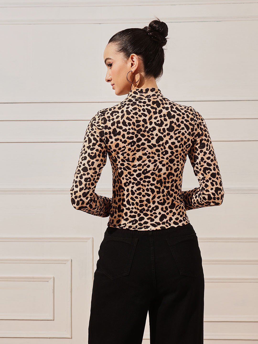 Brown Animal Print High Neck Top