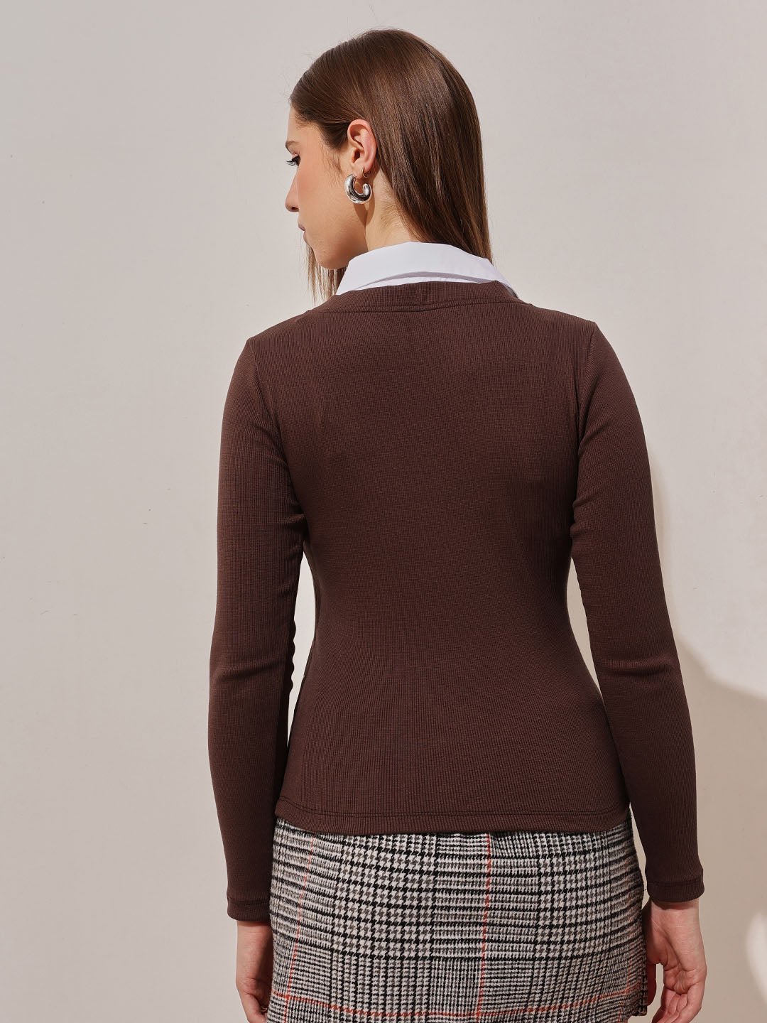 Brown Ribbed Collared Top