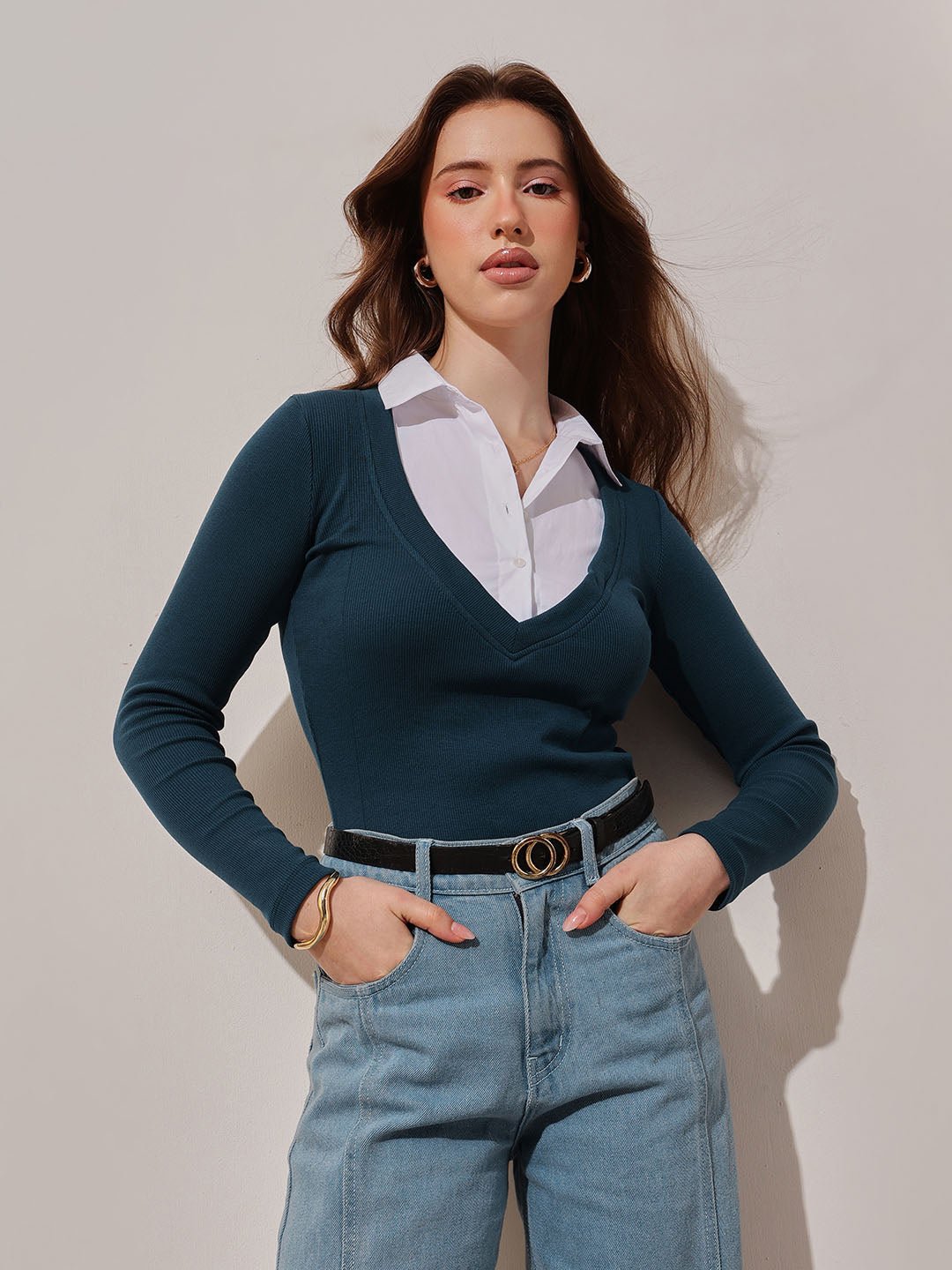 Dark Green Solid V Neck Top