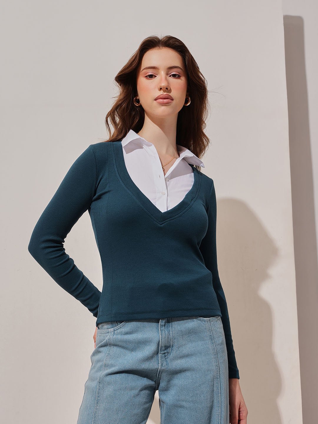 Dark Green Solid V Neck Top