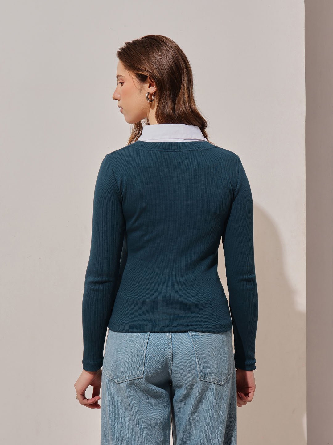 Dark Green Solid V Neck Top
