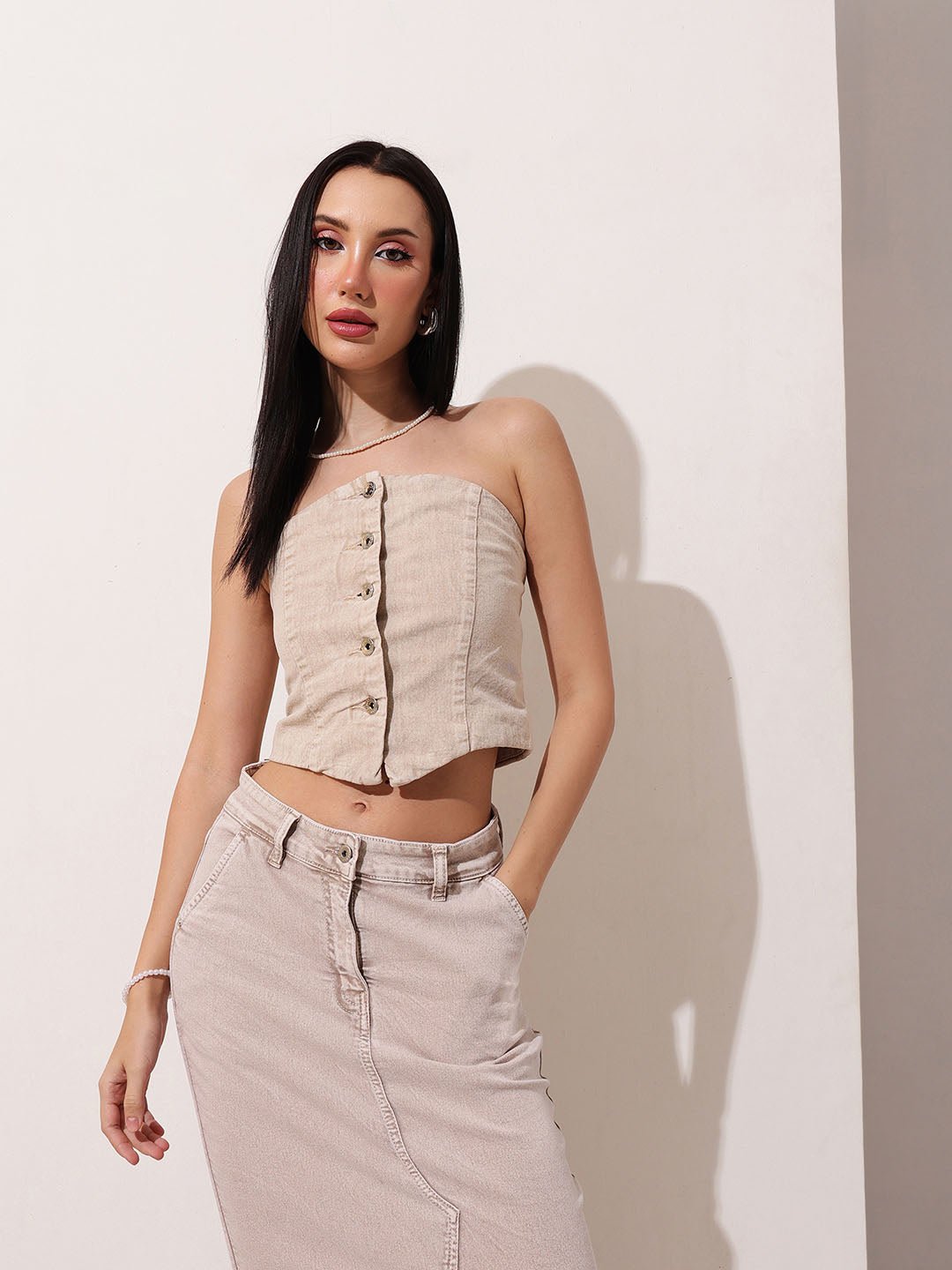 Beige Solid Straight Neck Top