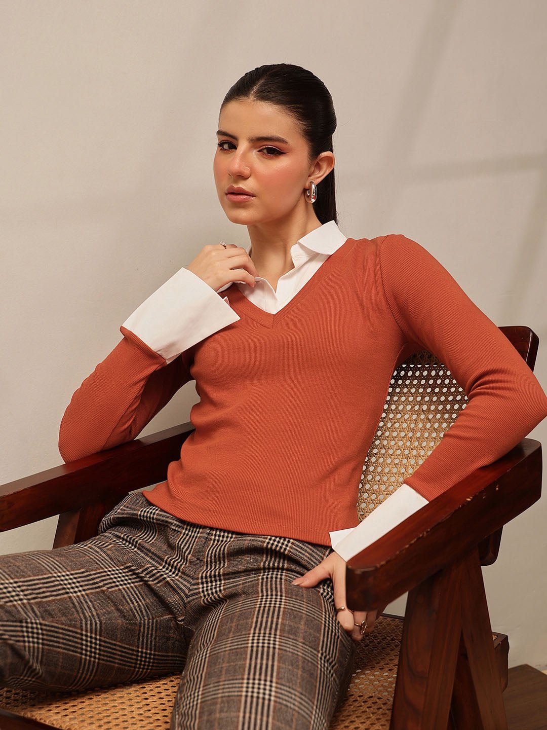 Rust Solid V Neck Top