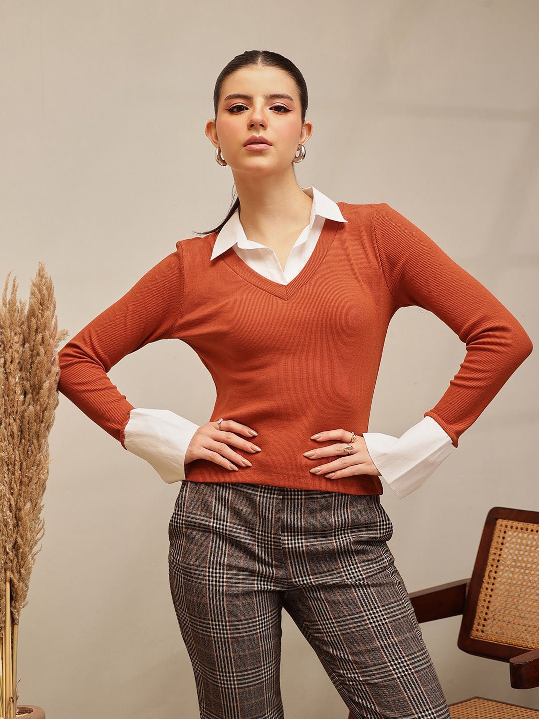 Rust Solid V Neck Top