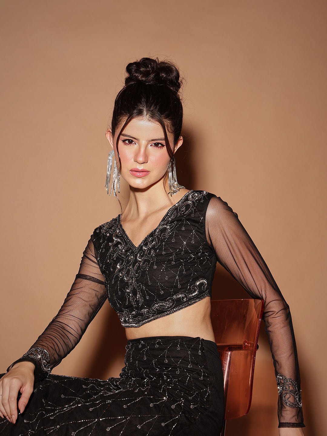 Black Embroidered V Neck Top
