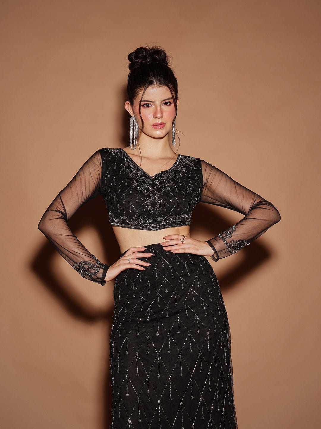 Black Embroidered V Neck Top