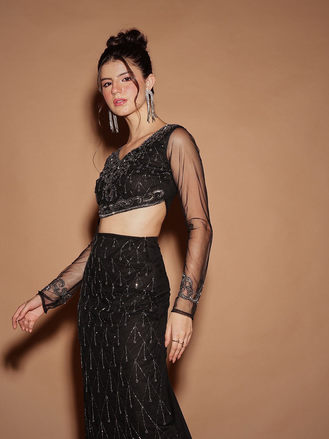 Black Embroidered V Neck Top