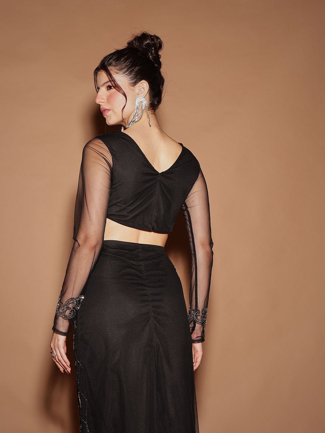 Black Embroidered V Neck Top