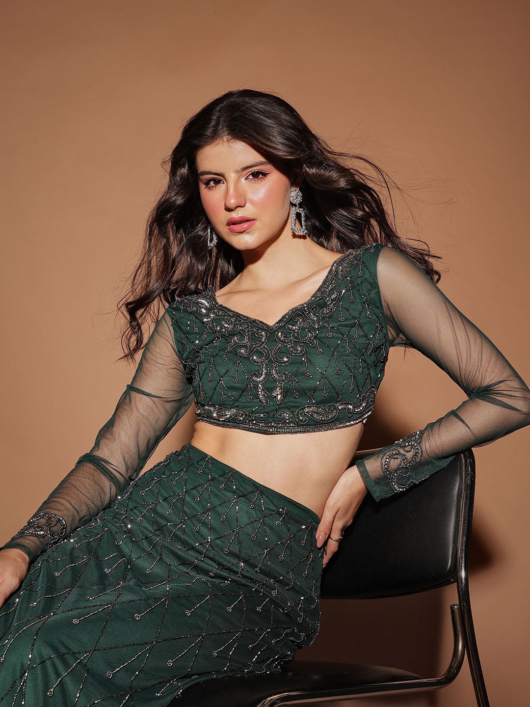 Green Embellished V Neck Blouse