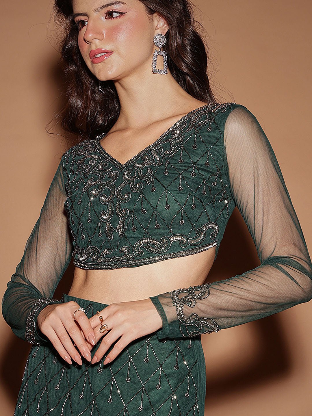 Green Embellished V Neck Blouse