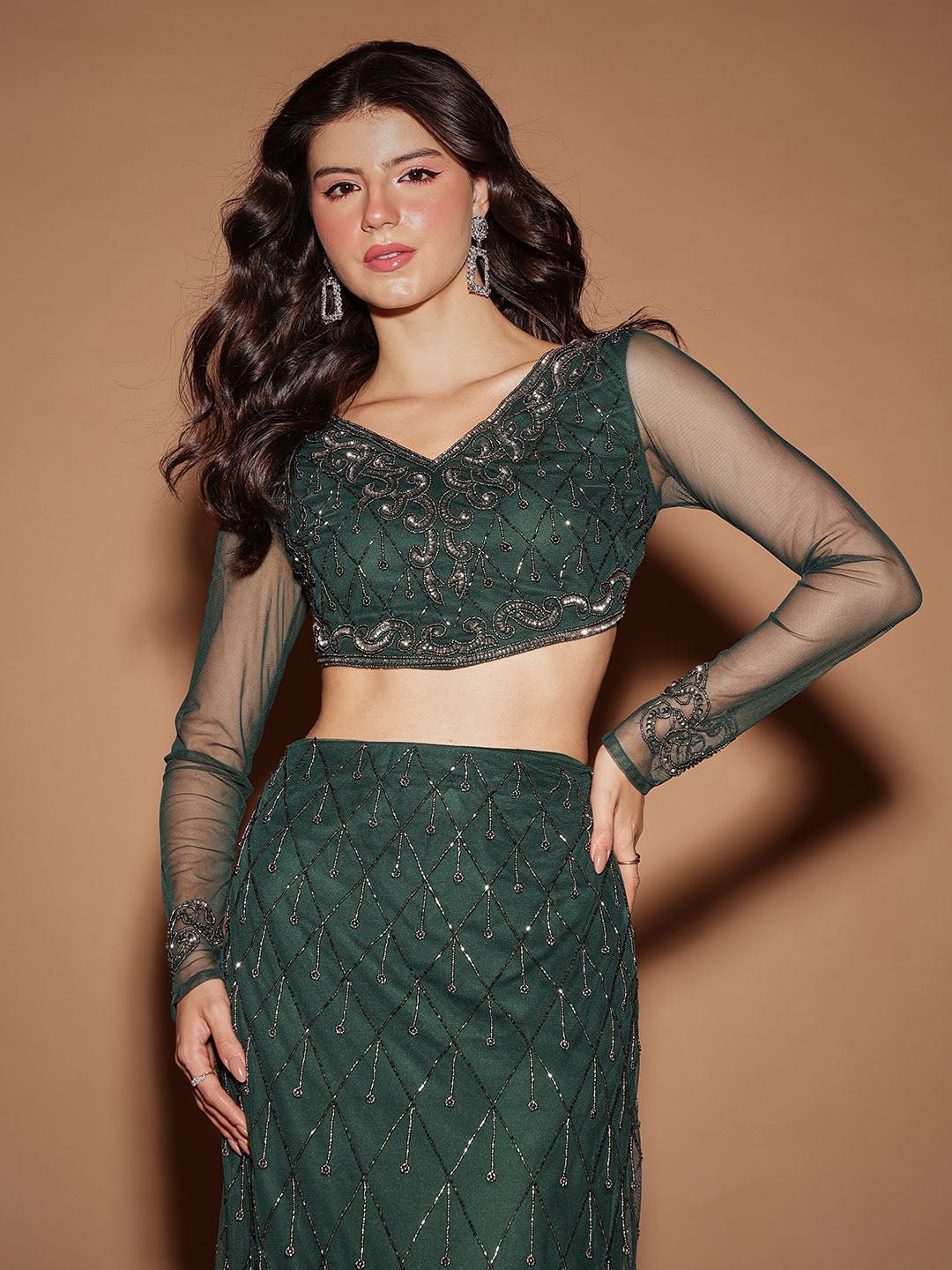Green Embellished V Neck Blouse