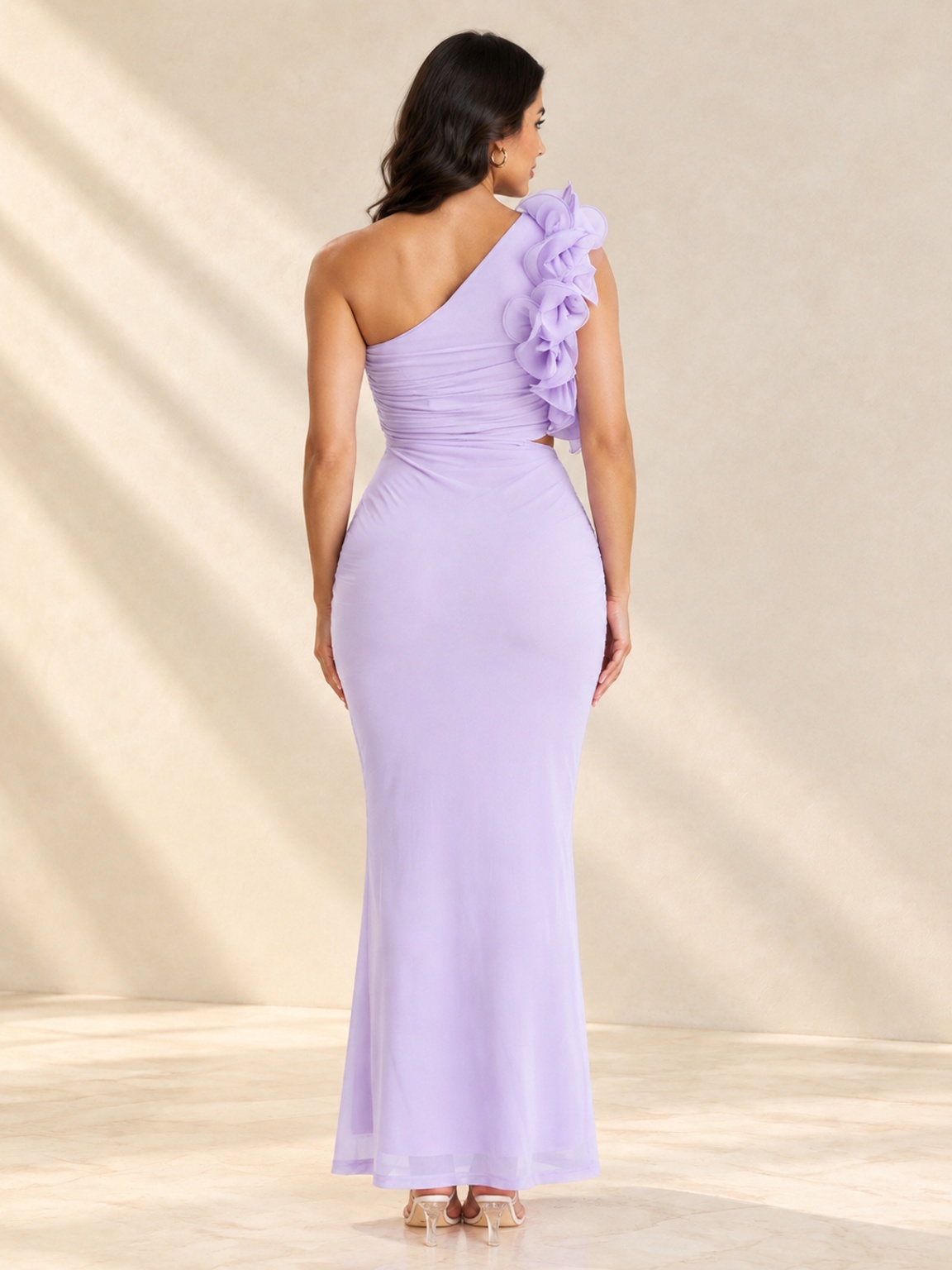 Purple One-Shoulder Maxi Dress with Floral Applique and Ruched Details
