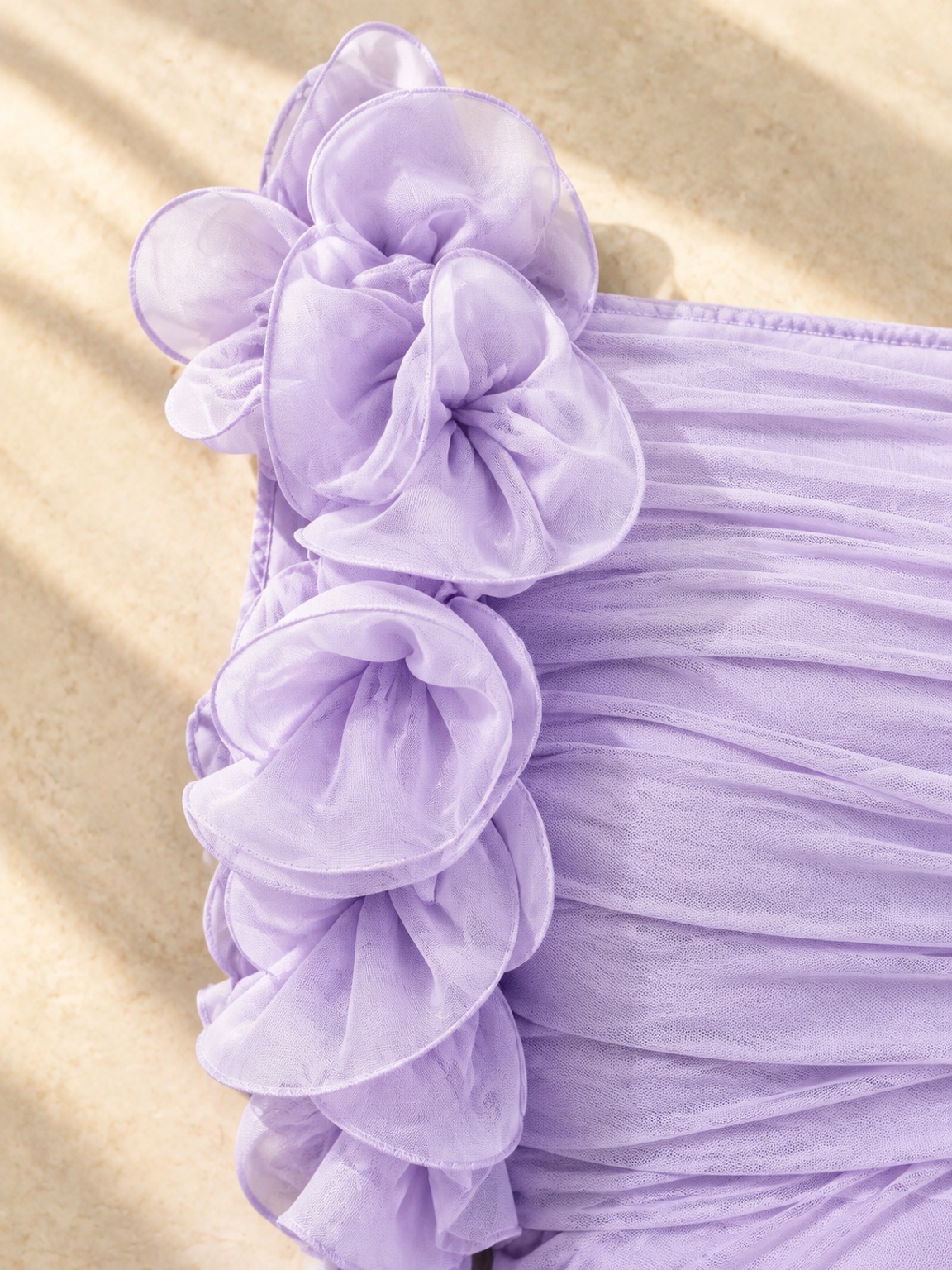 Purple One-Shoulder Maxi Dress with Floral Applique and Ruched Details