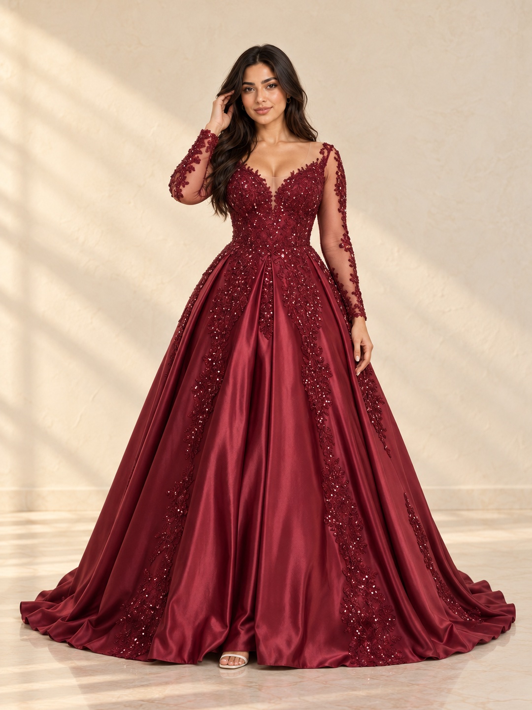 Burgundy Lace Maxi Evening Gown with Long Sleeves