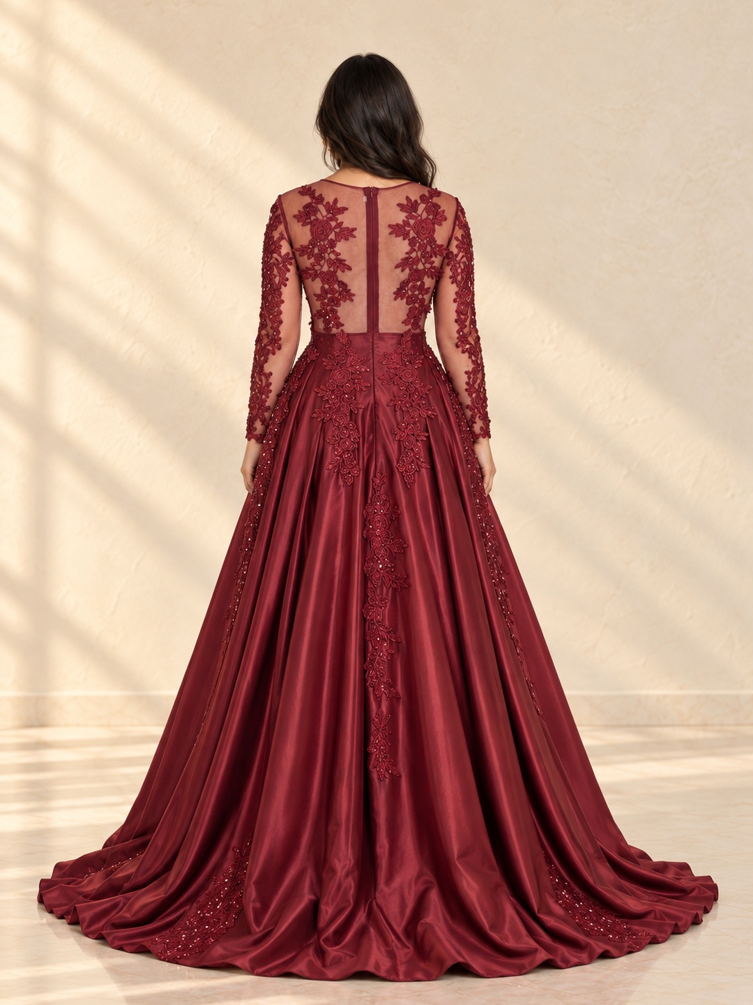 Burgundy Lace Maxi Evening Gown with Long Sleeves
