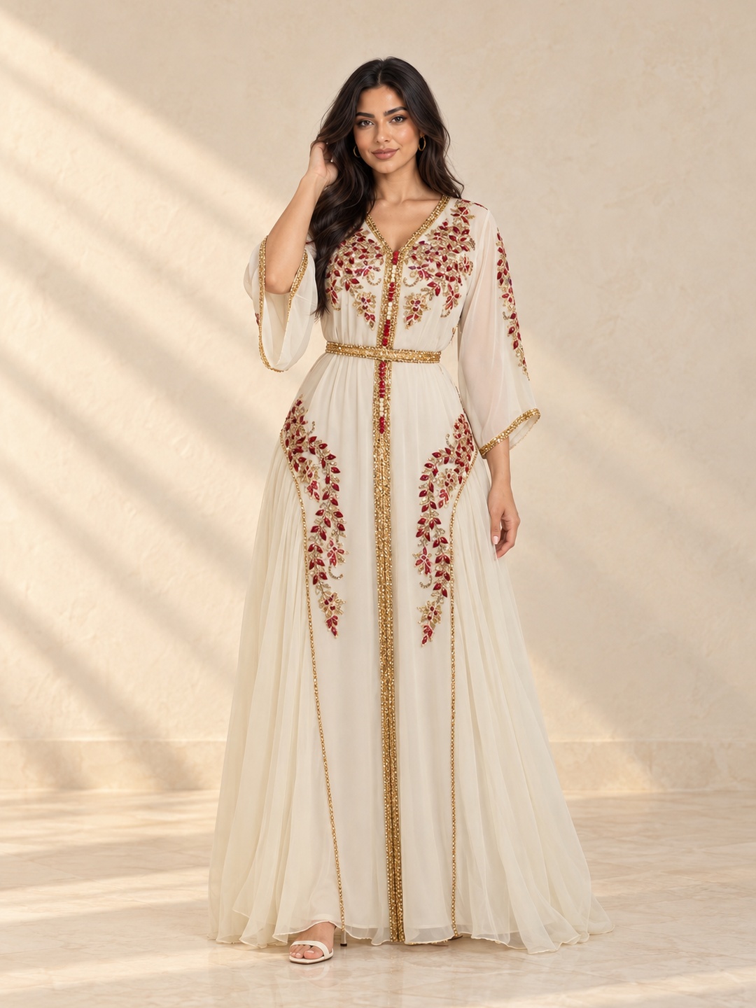 Cream Embroidered Kaftan Dress with Long Sleeves