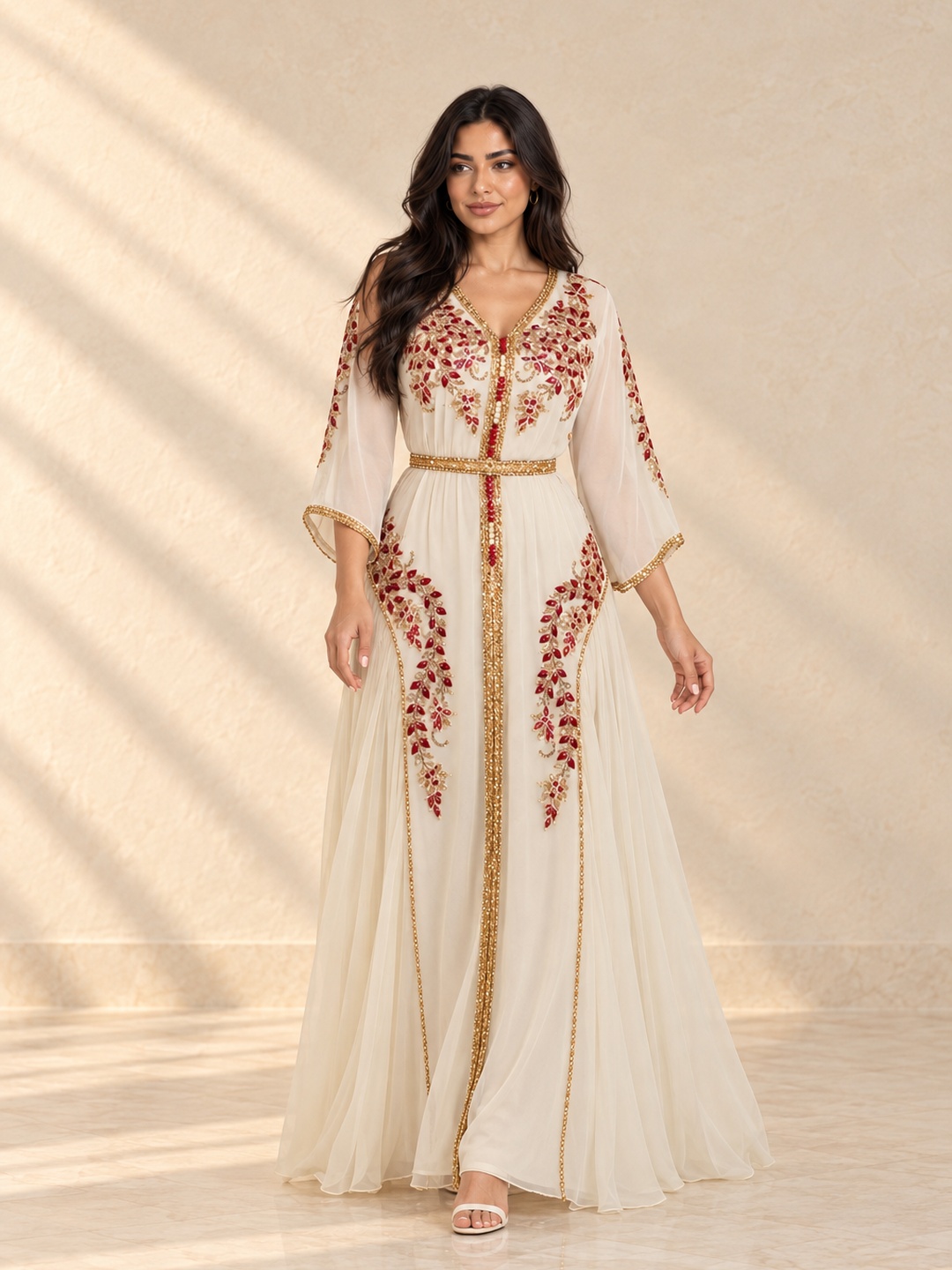 Cream Embroidered Kaftan Dress with Long Sleeves