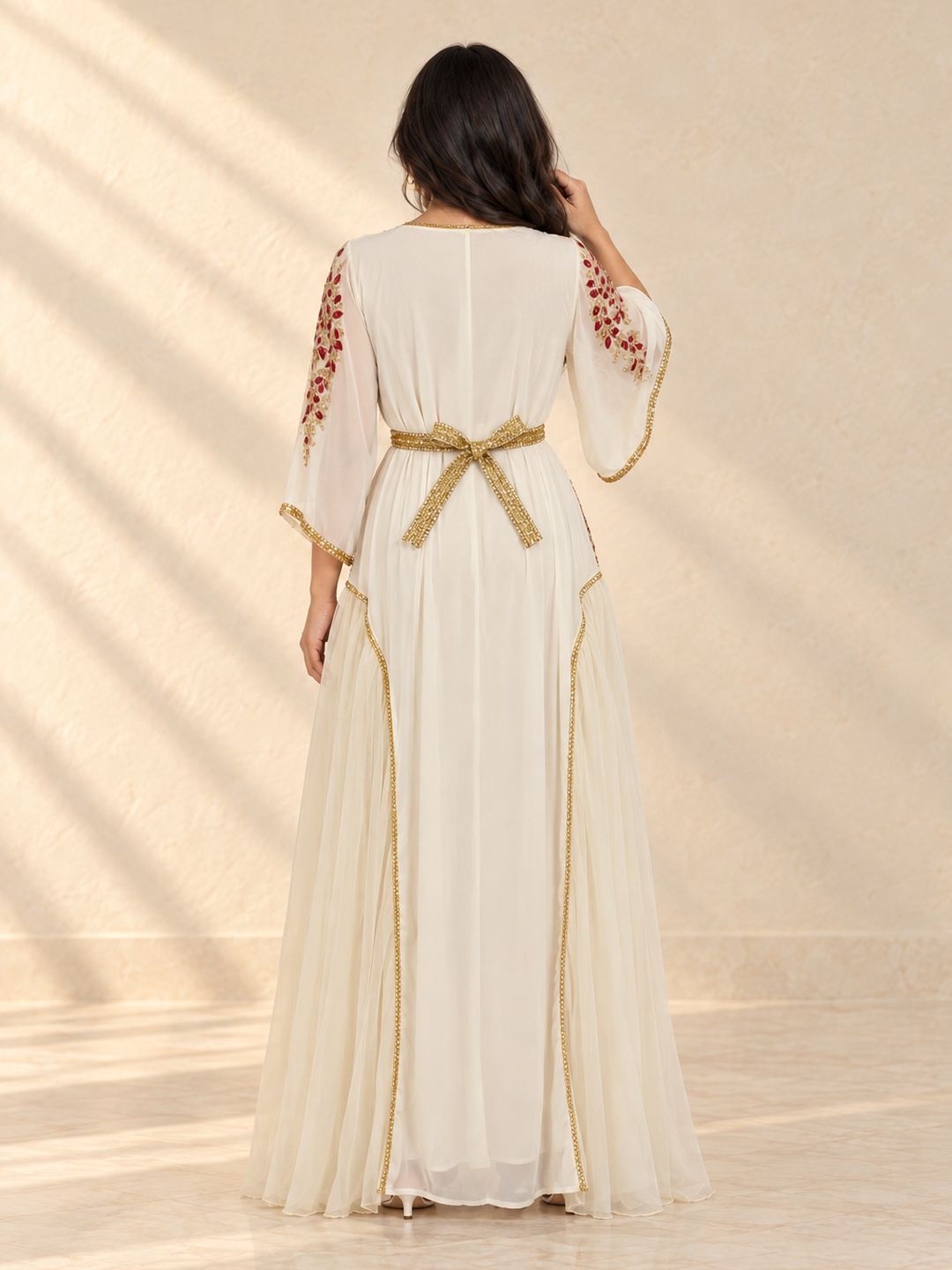 Cream Embroidered Kaftan Dress with Long Sleeves