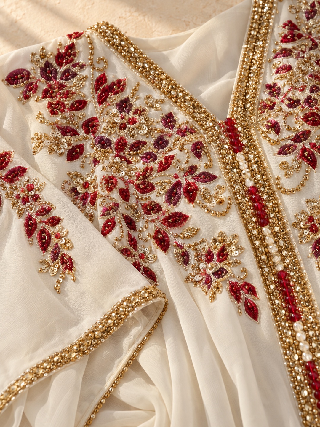 Cream Embroidered Kaftan Dress with Long Sleeves