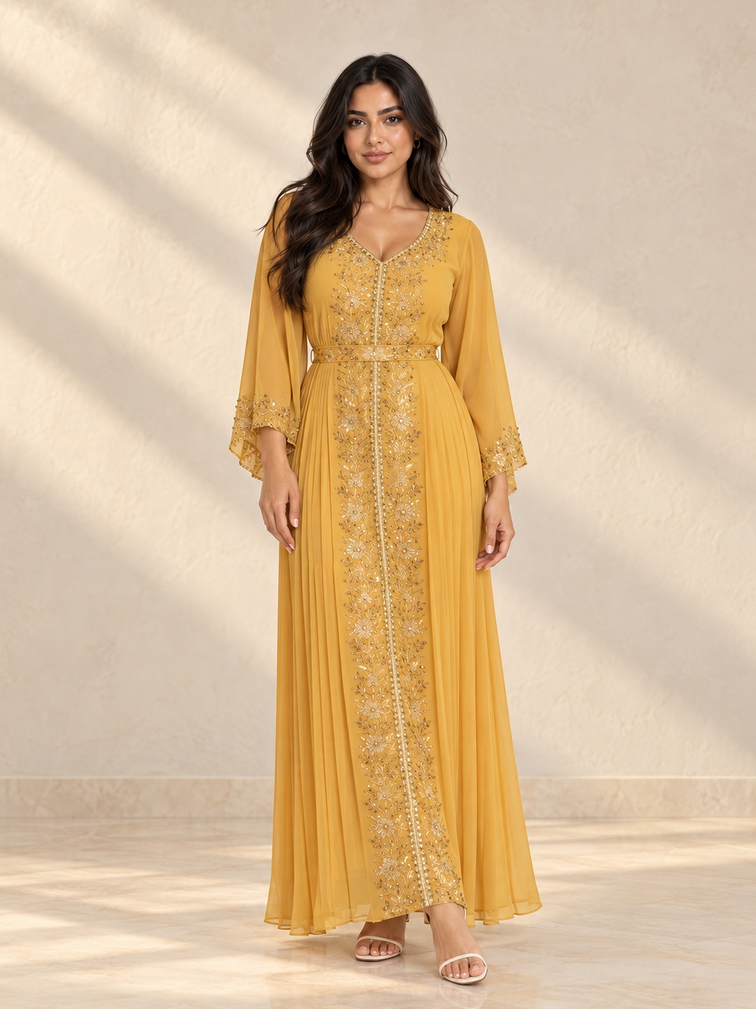 Golden Yellow Embroidered Kaftan Maxi Dress with 3/4 Sleeves