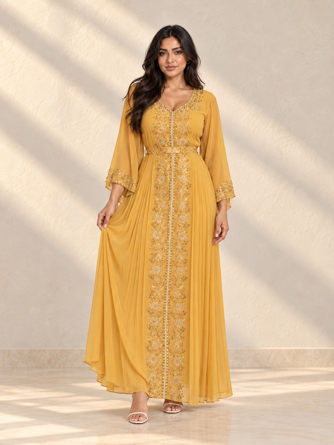 Golden Yellow Embroidered Kaftan Maxi Dress with 3/4 Sleeves