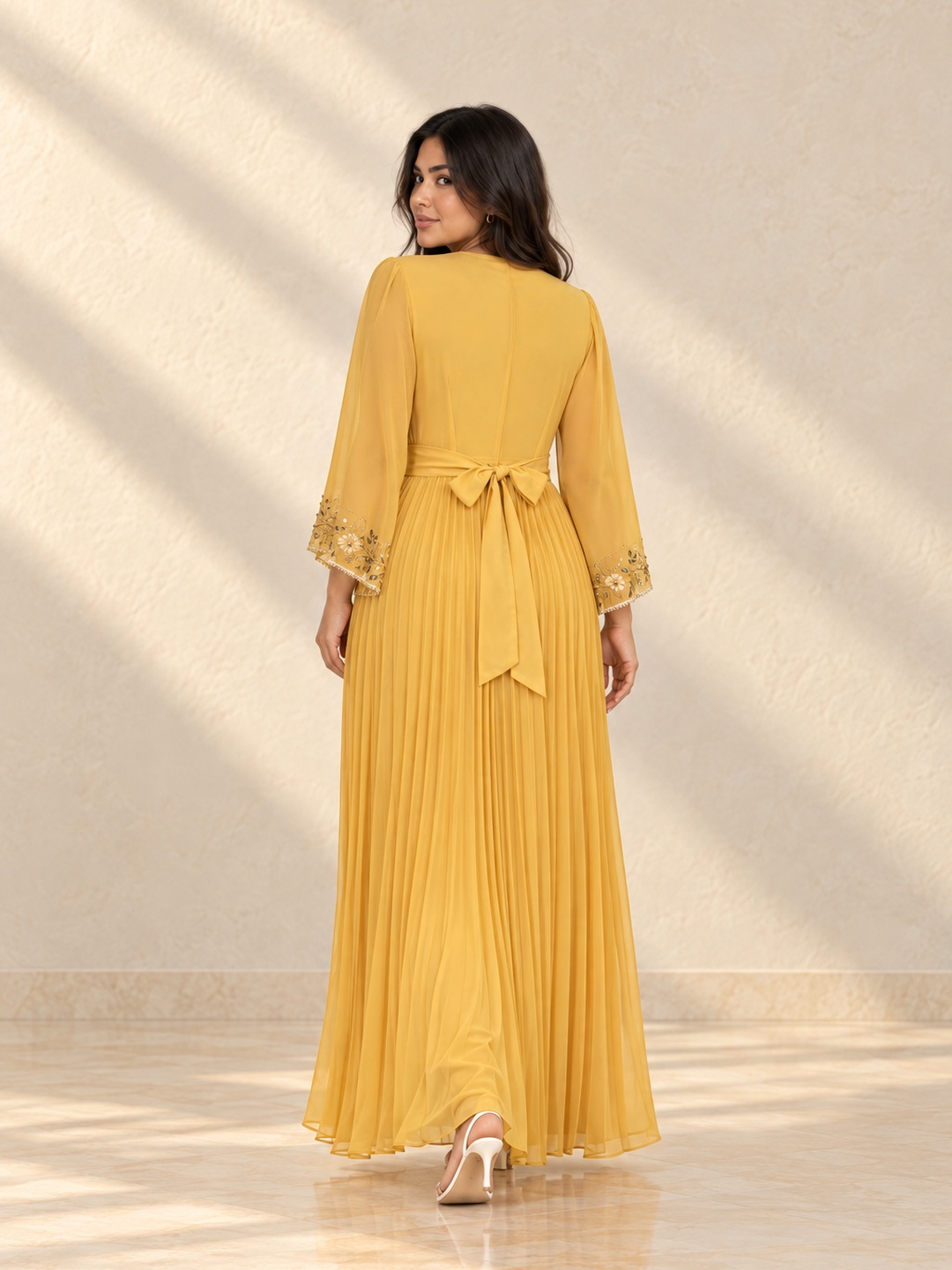 Golden Yellow Embroidered Kaftan Maxi Dress with 3/4 Sleeves