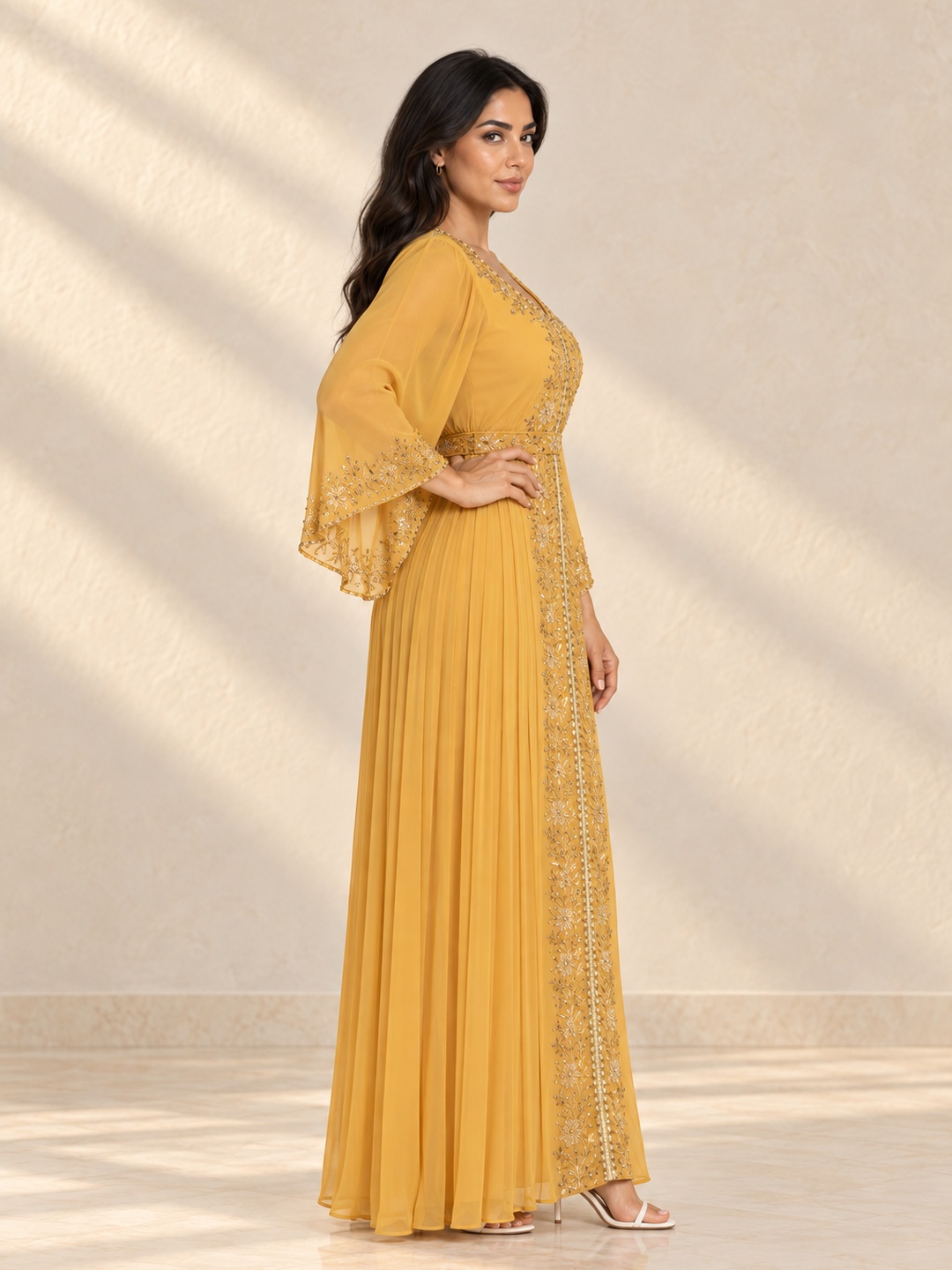 Golden Yellow Embroidered Kaftan Maxi Dress with 3/4 Sleeves