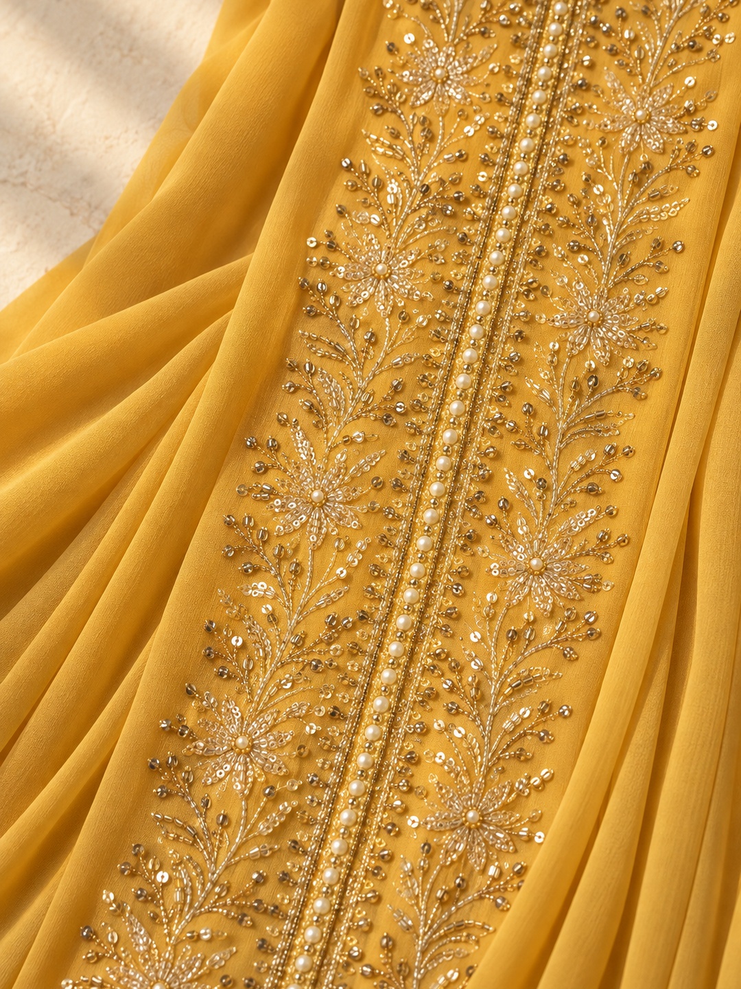 Golden Yellow Embroidered Kaftan Maxi Dress with 3/4 Sleeves