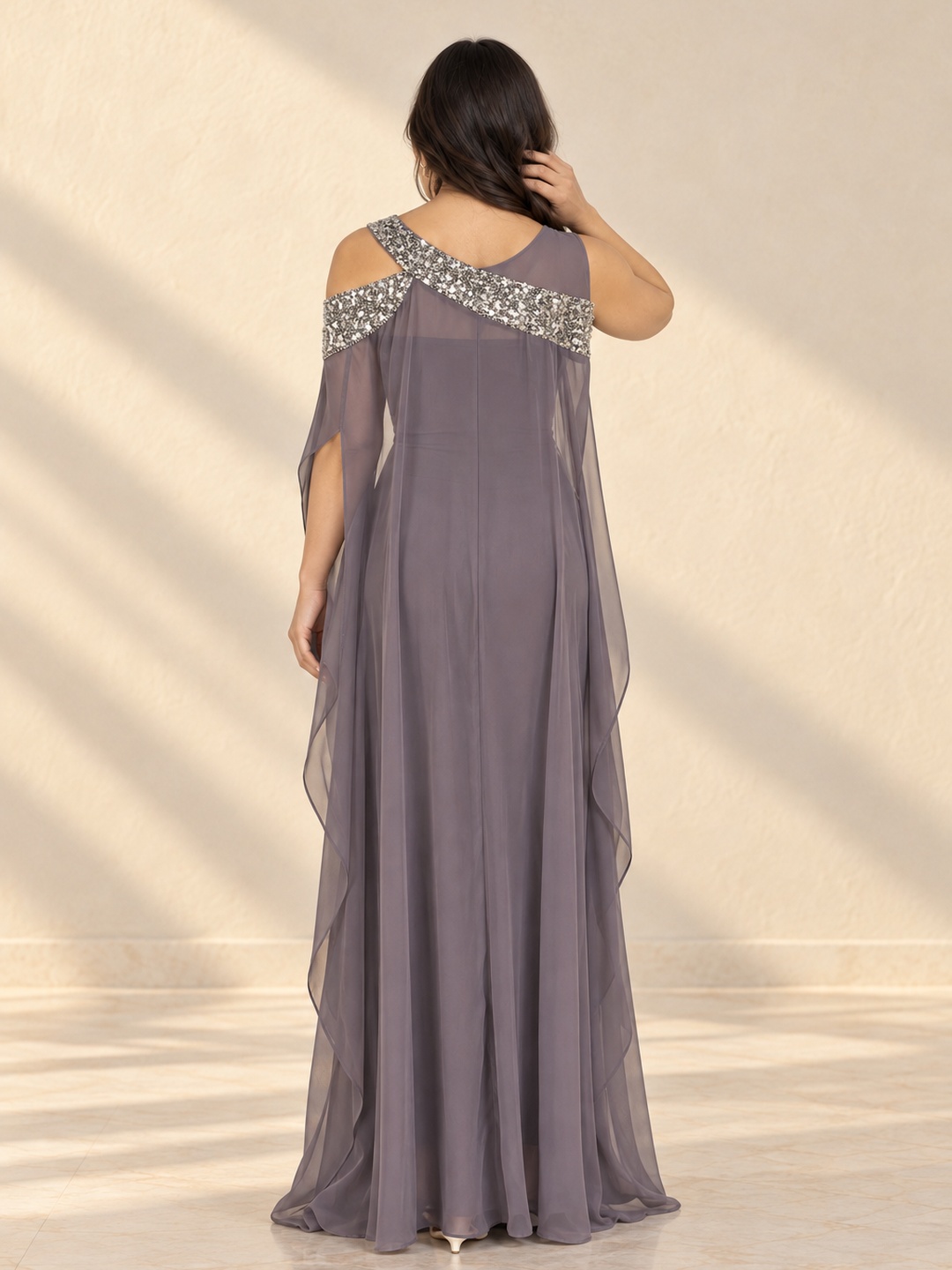 Purple Maxi Cape Dress with Embellished Details