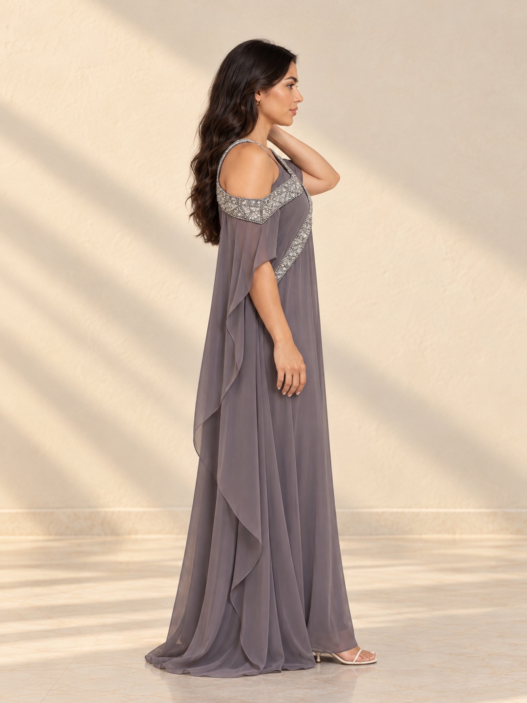 Purple Maxi Cape Dress with Embellished Details