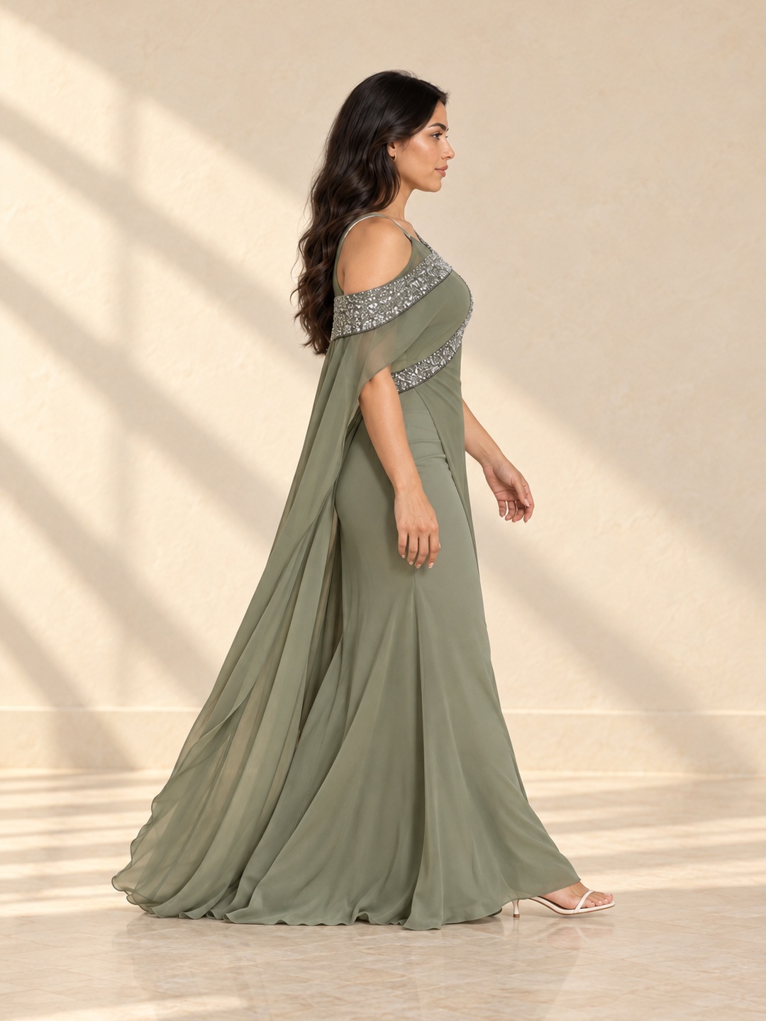 Embellished Olive Green Maxi Evening Gown with Cape Sleeves