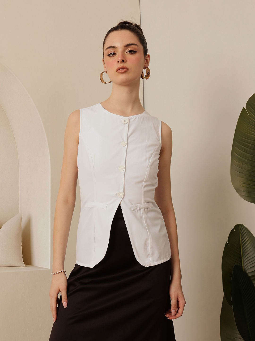 White Solid Round Neck Top