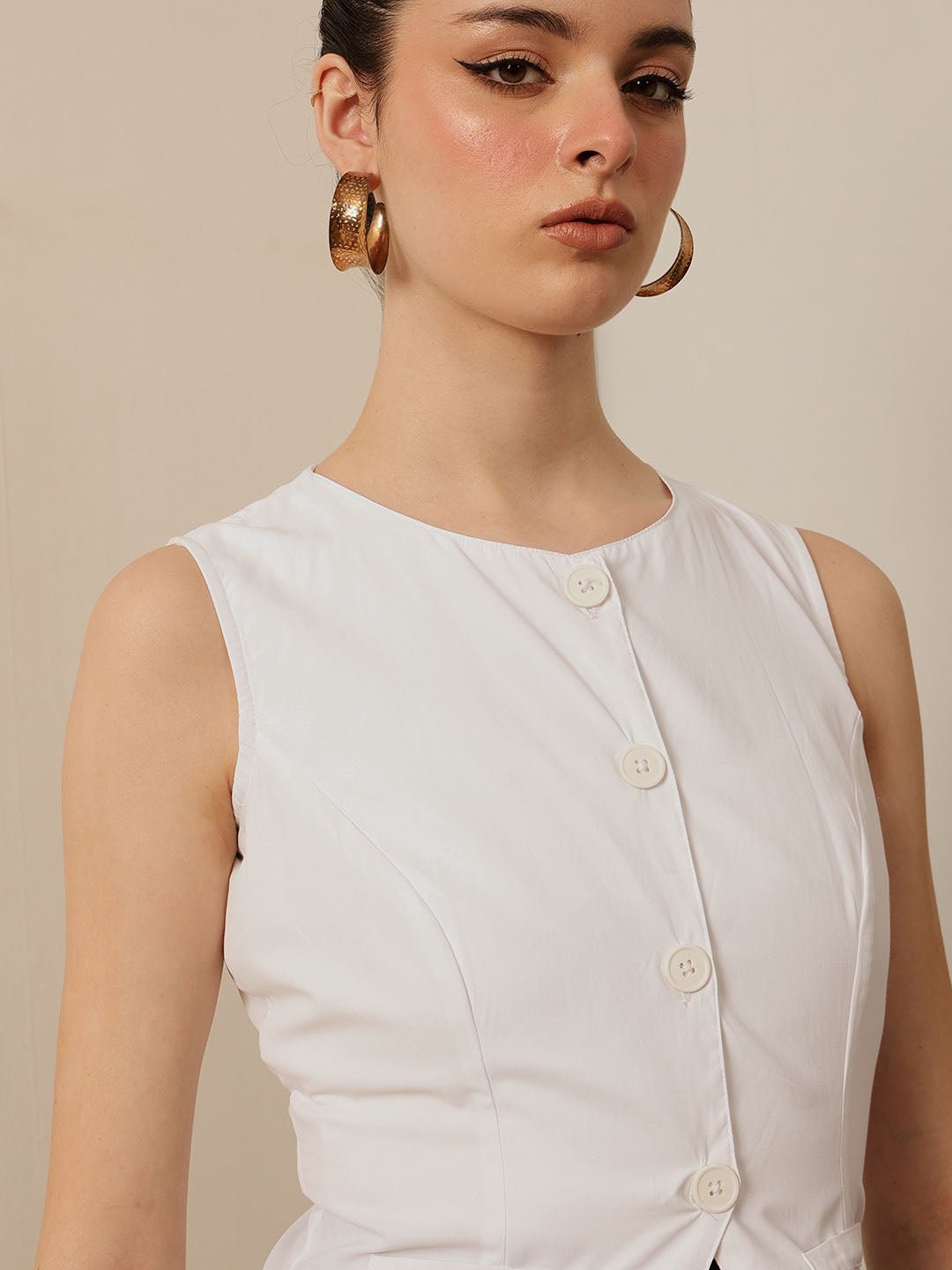 White Solid Round Neck Top