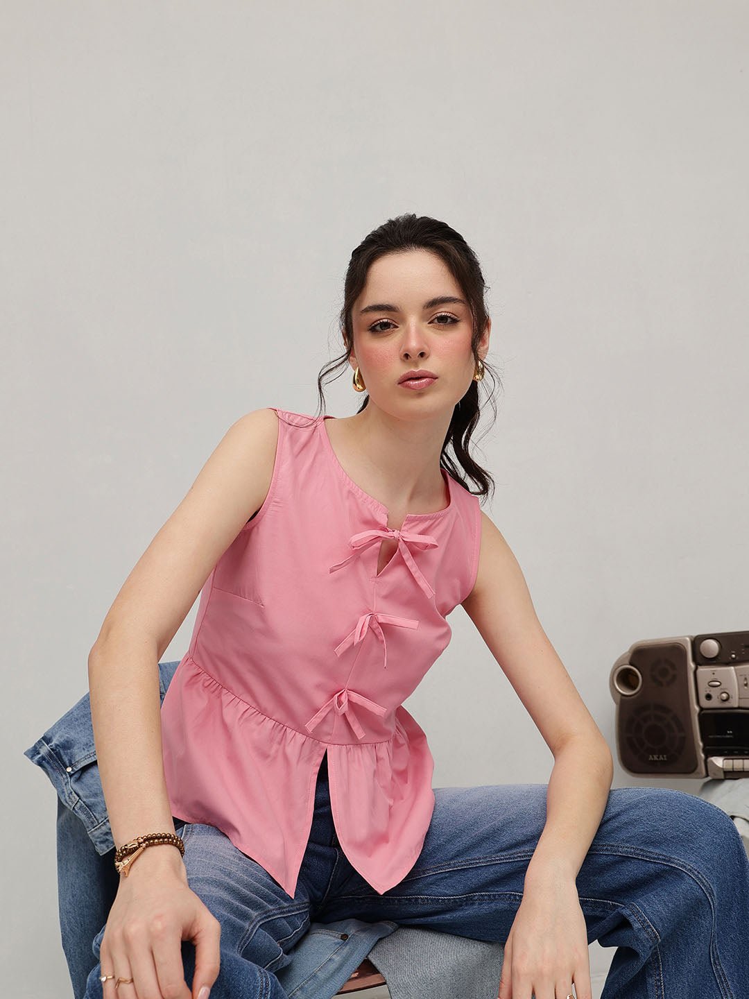 Pink Solid Round Neck Top