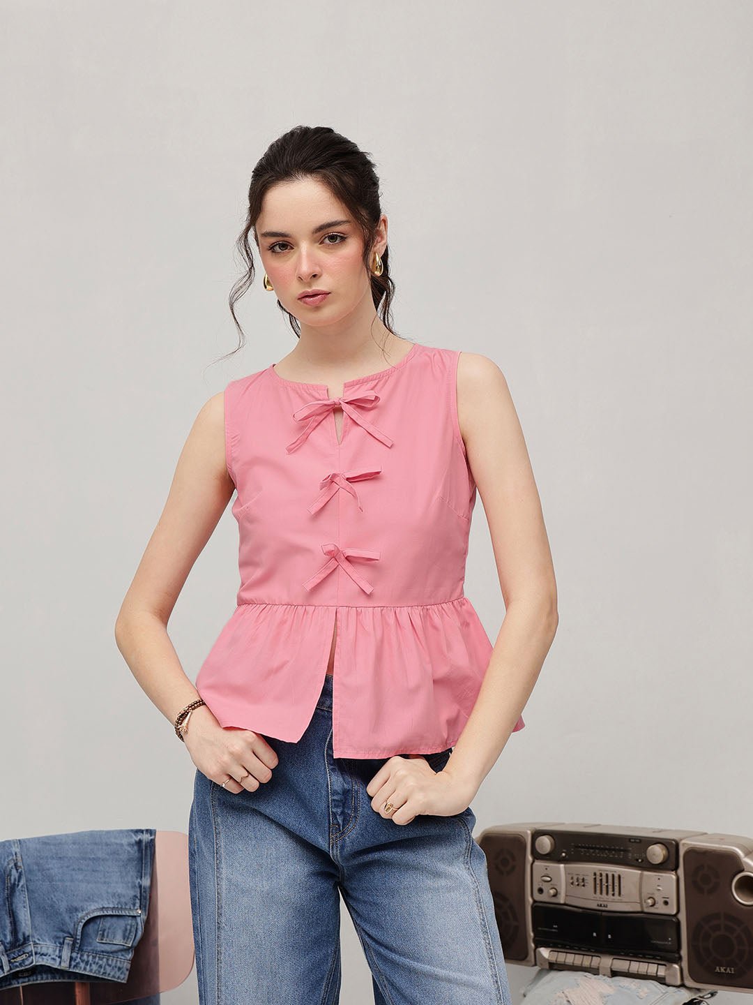 Pink Solid Round Neck Top